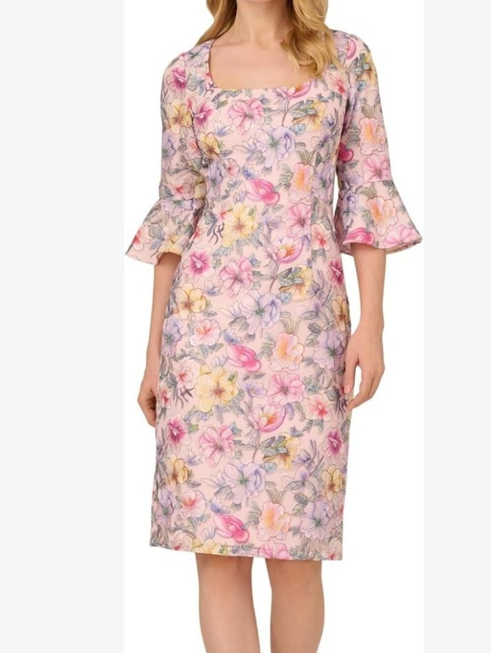 Adrianna Papell Blush Floral Embroidered Mesh Trumpet Sleeve Sheath Dress NWT  4